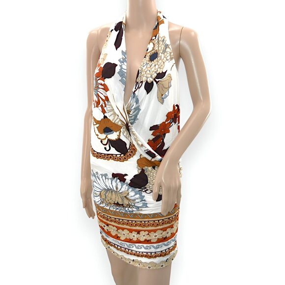 Hale Bob BLEMISHED White Stretchy Plunge Drape Front Halter Mini Bodycon Dress S - Picture 1 of 11